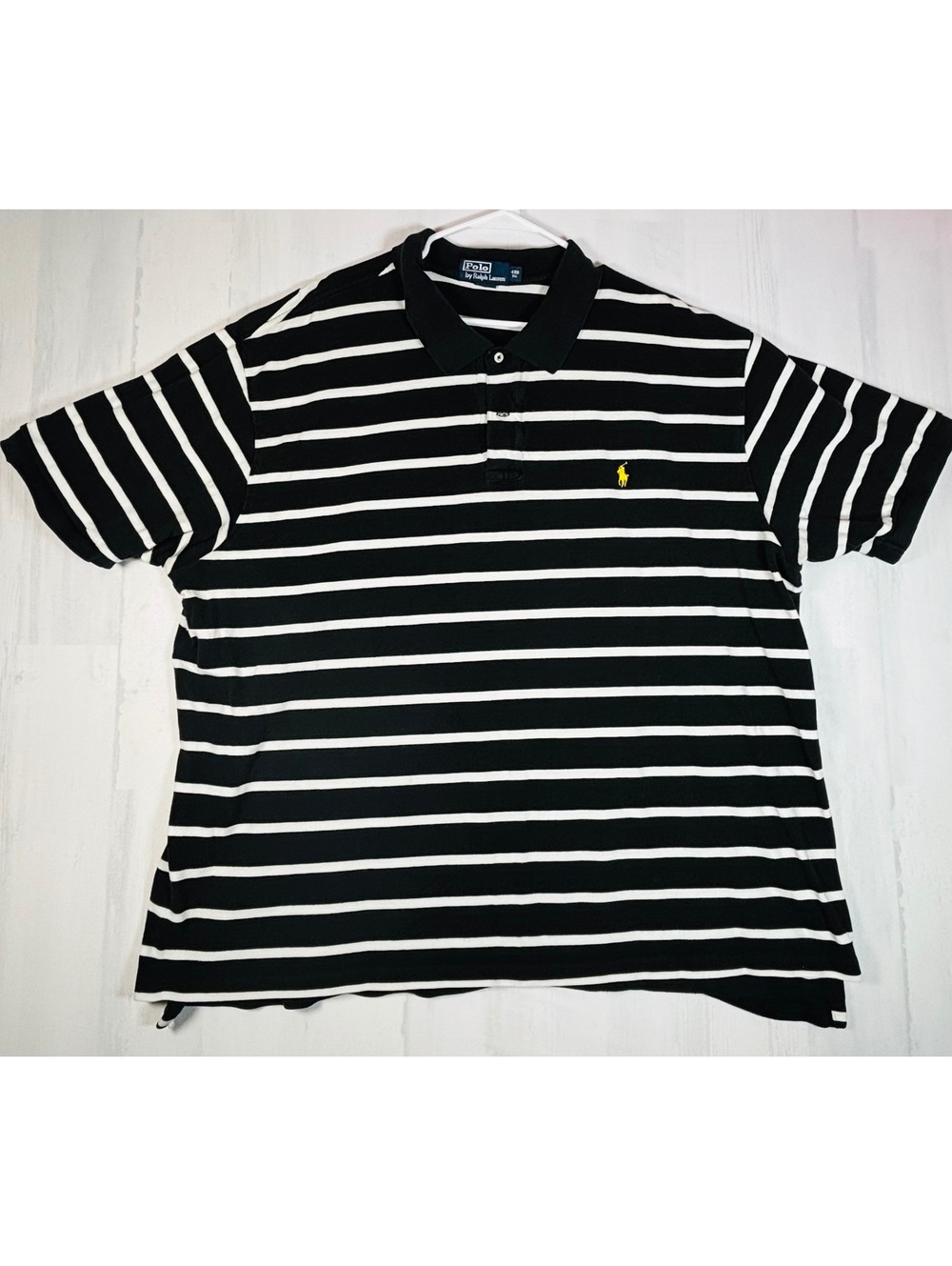 Polo Ralph Lauren Mens 4XB Big Tall Black White Striped Polo Shirt Yellow Pony